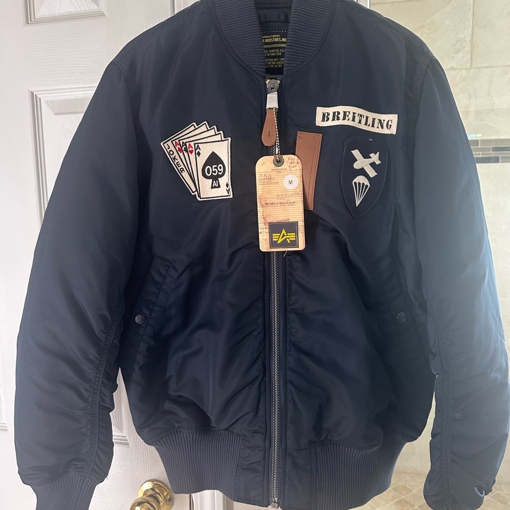 Alpha Industries Men's Navy Blue Breitling Bomber Jacket with Patches